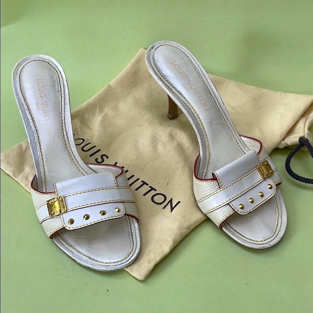 Vintage Louis Vuitton White Heels with Gold Studs and unique Hardware - Picture 7 of 10